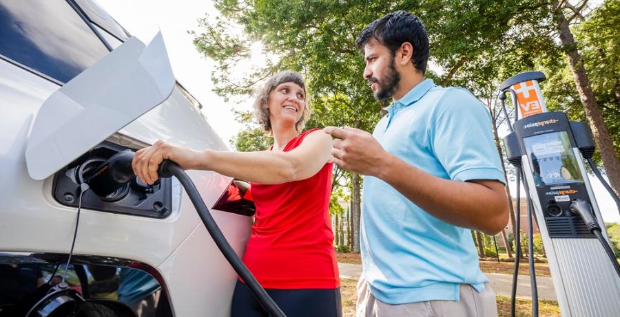 Dr. Daniela Touma, right, assistant professor of electrical and computer engineering at the University of South Alabama, was awarded a $199,000 National Science Foundation grant for her research that will use artificial intelligence to predict power demands in the development of vehicle-to-grid technology. Her team will include graduate student Bibek Bimali. data-lightbox='featured'