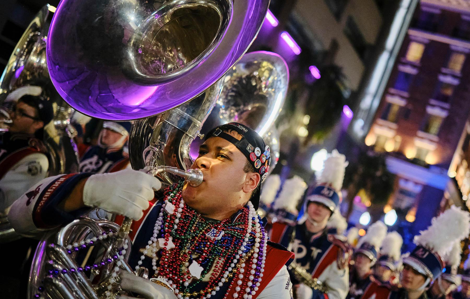 The Jaguar Marching Band marching with the Conde Cavaliers in downtown Mobile on Friday, Feb. 14, 2025.